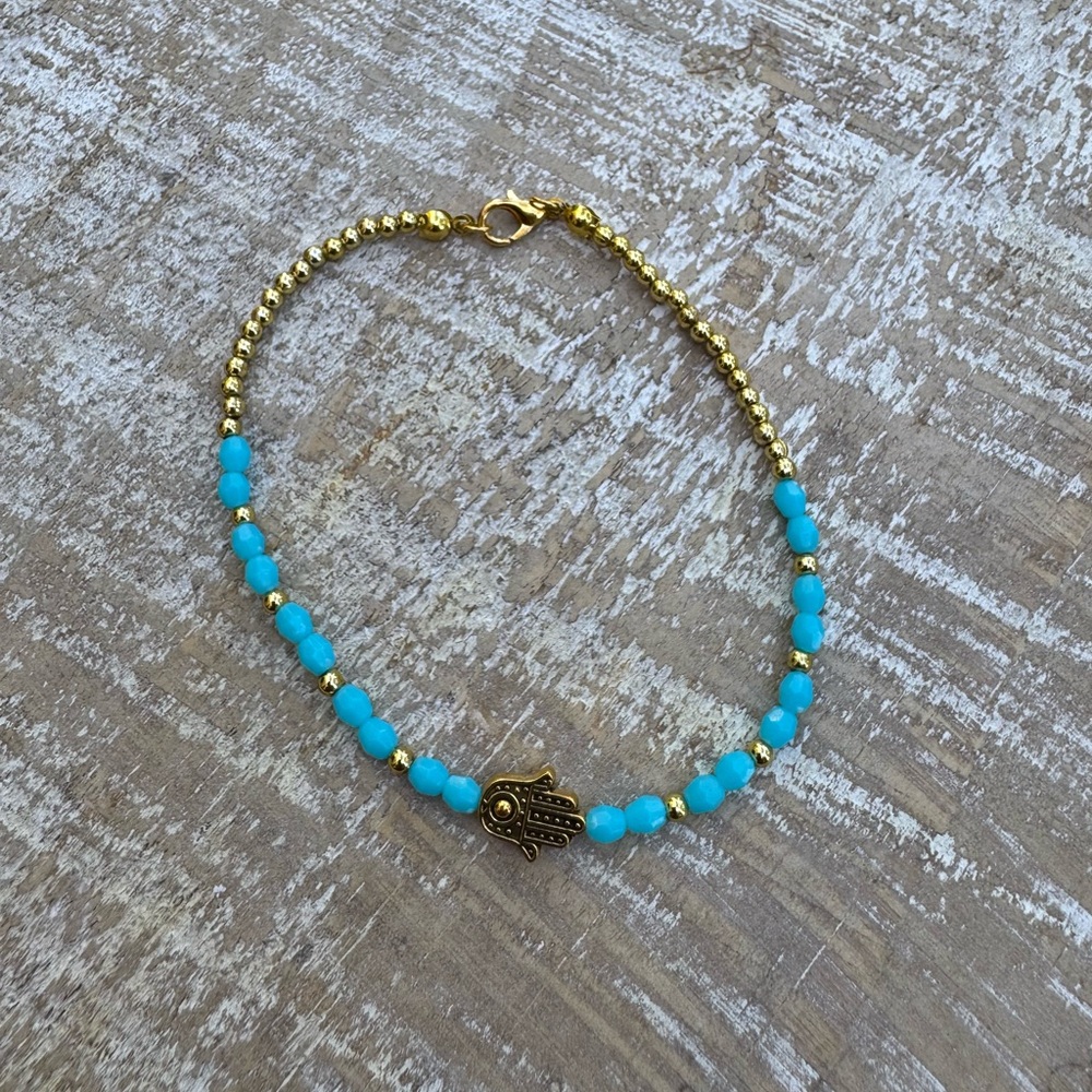 New Handmade Gold and Turquoise Beaded Bracelet/ Ankle Bracelet with Hamsa Charm